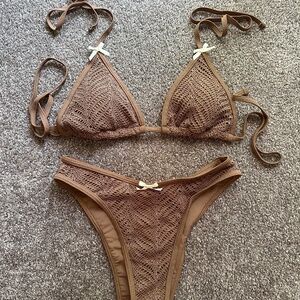 Brown Bikini Set w/ White Bow Accents